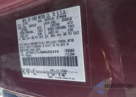 1998 Ford F-150 Lariat/Standard/Xl/Xlt z USA, uszkodzony, nr VIN 1FTRF17L4WNA85335